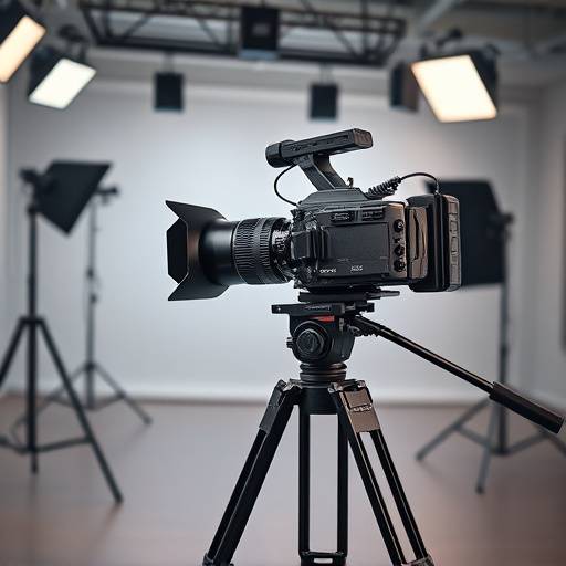 Equipment Rental Image: Eine Kamera auf einem Stativ in einem Filmstudio